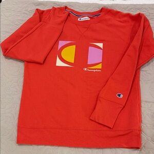 Champion Red Crewneck with Pink and Yellow Graphic
